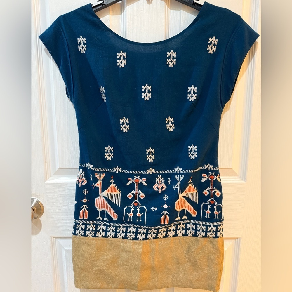 Anthropologie Floret Blue and Tan Embroidered Peruvian Dress